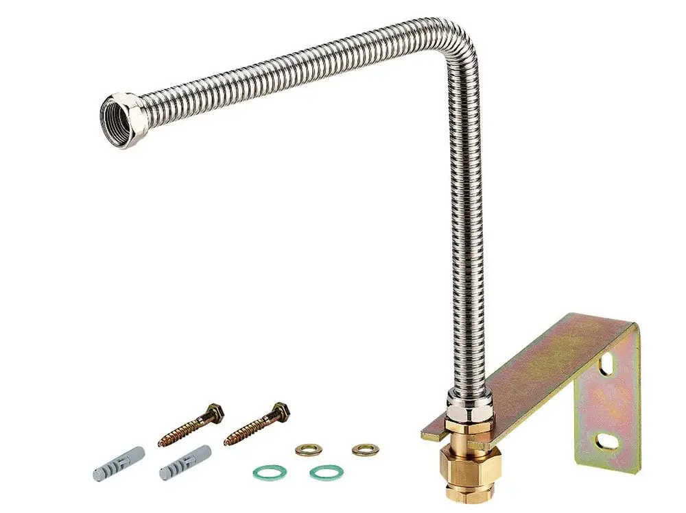 Wandanschluss-Set von Remeha, bestehend aus flexibler Verbindung, Montagewinkel und Zubehörteilen für die Installation an Ausdehnungsgefäßen bis 25 L.
